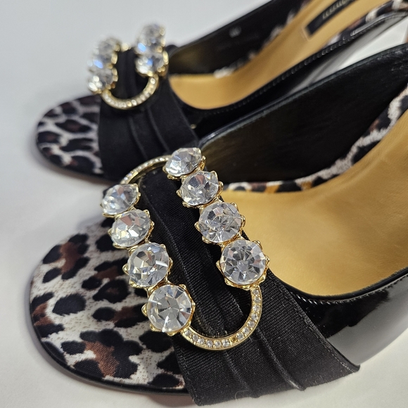 Beverly Feldman Black Peep Toe Heels Open Back 8M Rhinestones Kitten Heel - Picture 8 of 17